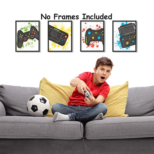 Sanrx Video Game Art Print Watercolor Typography Cardstock,Funny Gaming Themed Poster Match Controllers Picture Artwork For Teen Boy Media Room Kid Gamer Playroom Wall Decor(set of 4,8’x 10’UNFRAMED)