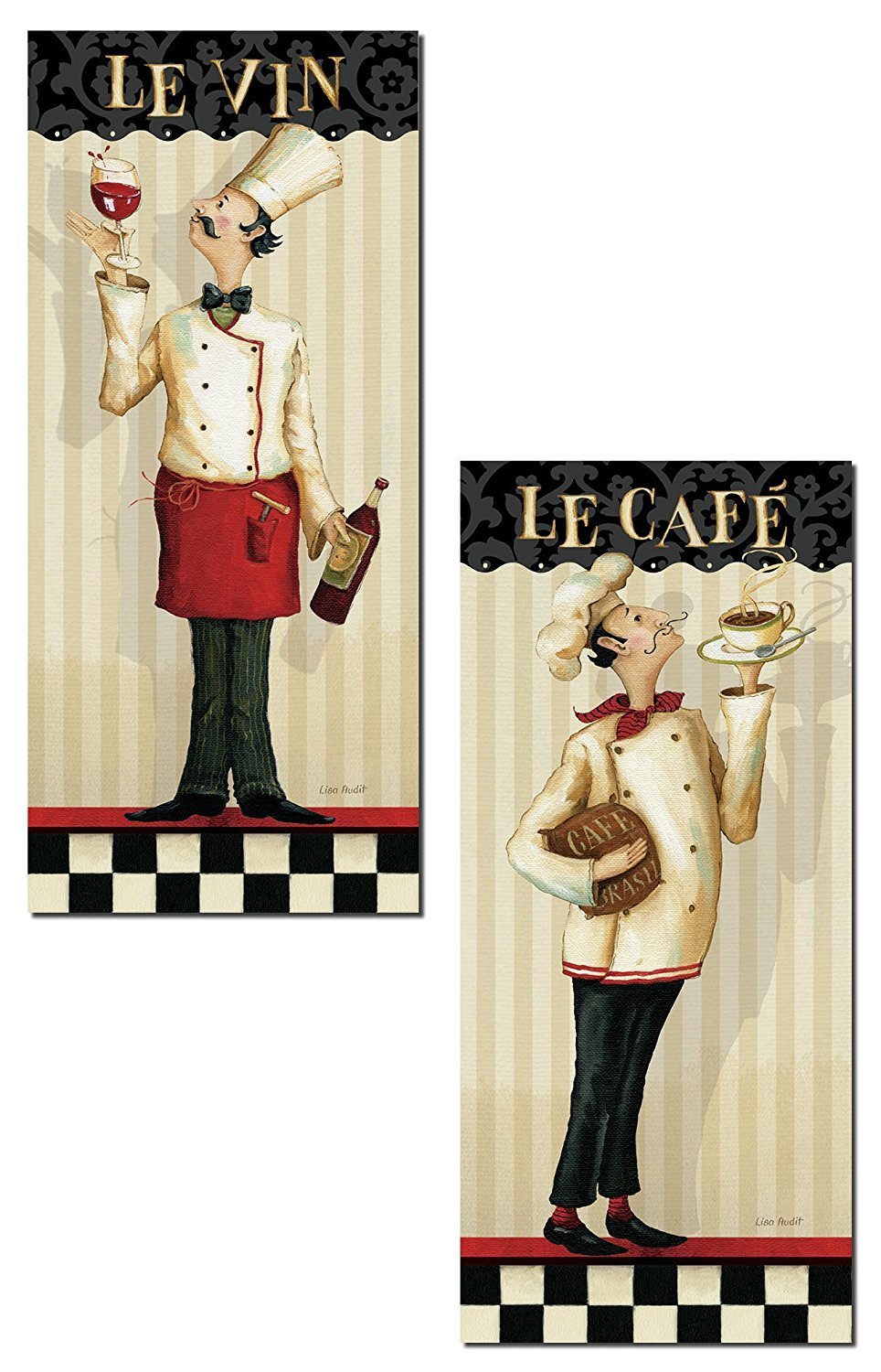 Gango Home Décor French Le Vin and Le Cafe Chef Panel Prints by Lisa Audit; Kitchen Decor; Two 8x18in Paper Poster
