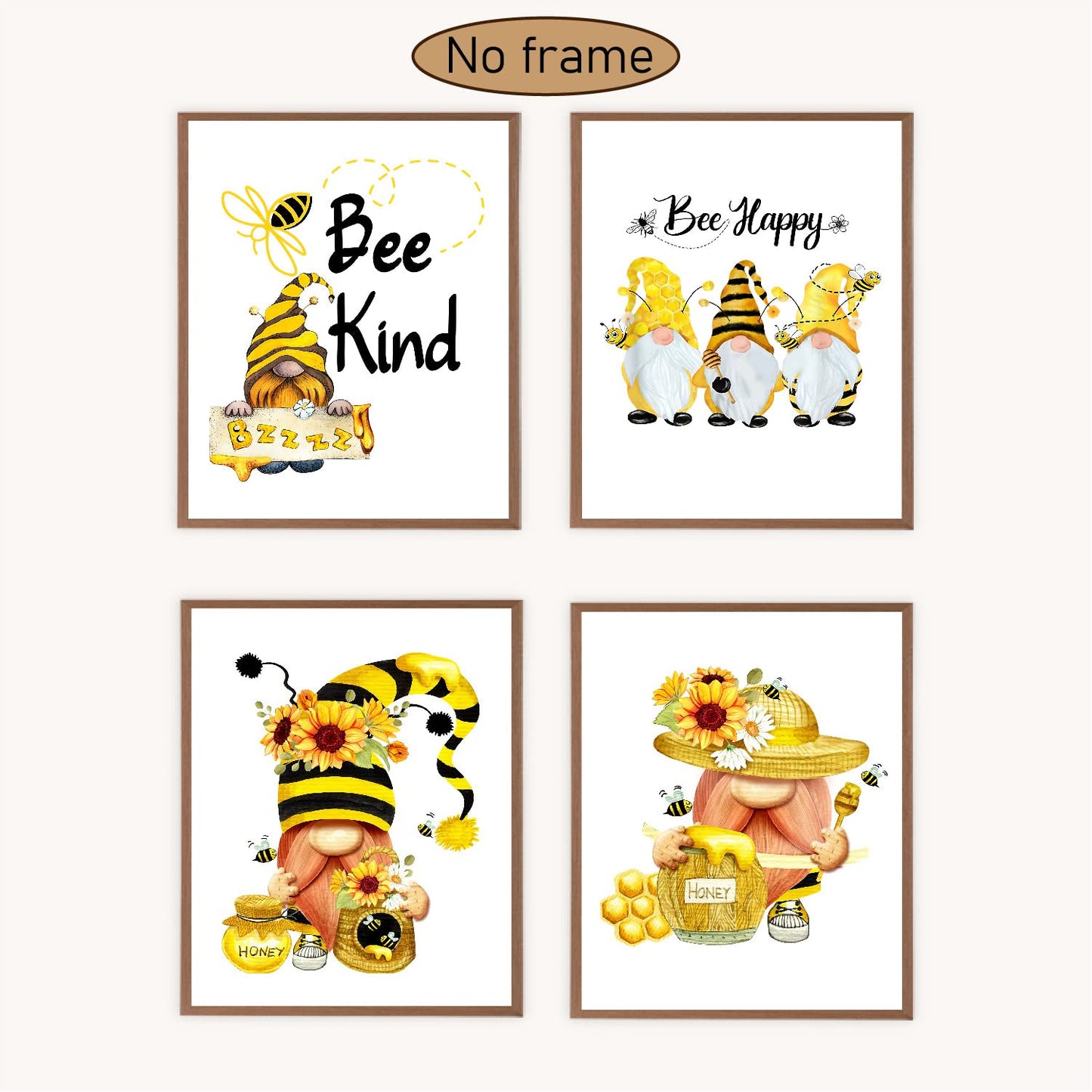 VNWEK Bee Kind Bee Happy Cute Sunflower Gnome Floral Inspirational Wall Art Poster Prints Unframed 8”x10”Set Of 4,Funny Gnome Decorations for Home Kitchen Girls Room,Gnome Lovers Women Girls Gifts