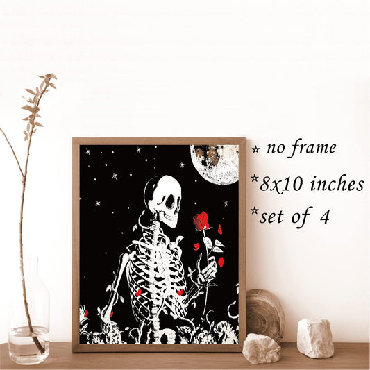 VNWEK Gothic Wall Art Poster Prints,Macabre Art Sugar Skull The Kissing Lovers Decorations for Goth Home Bedroom Girls Room,Couples Skull Lovers Gifts,Unframed 8”x10”Set Of 4
