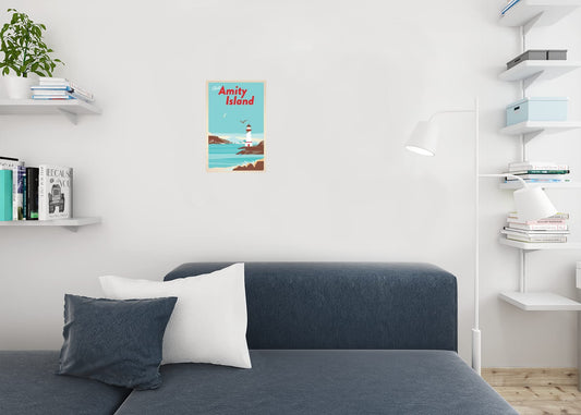 Visit Amity Island Massachusetts Fantasy Travel Retro Vintage Shark Fin Shark Attack Lighthouse Beach Cool Wall Decor Art Print Poster 12x18