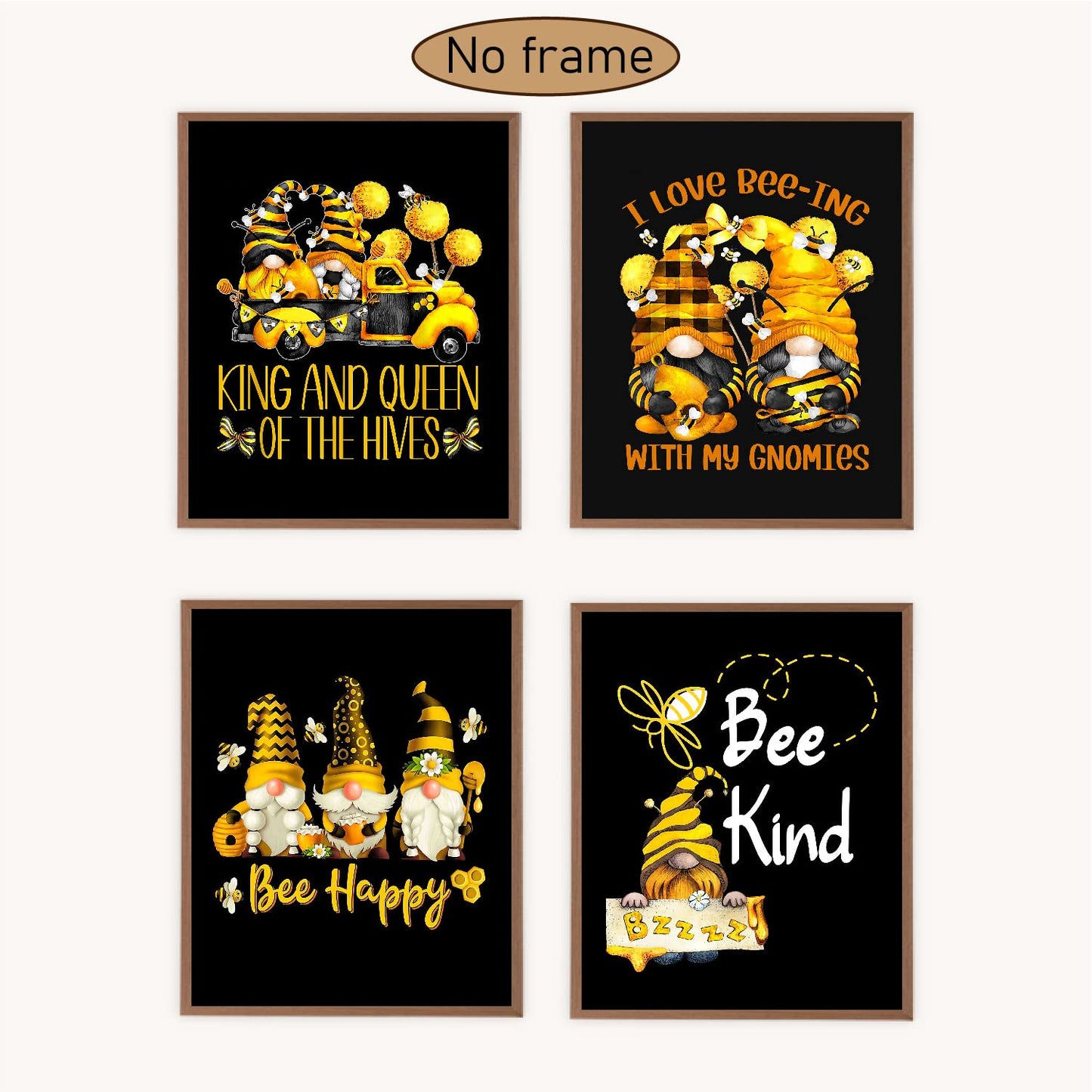 VNWEK Inspirational Quote Bee Kind Bee Happy Cute Bee Gnome Wall Art Poster Prints Unframed 8”x10”Set Of 4,Cute Bee Gnome Decorations for Home Kitchen Girls Room,Gnome Lovers Women Girls Gifts
