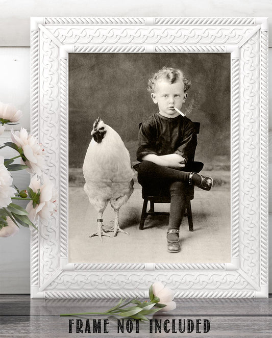 Bizarre Boy with Giant Chicken Oddities and Curiosities Poster - 11x14 Unframed Vintage Wall Art Weird Decor Print - Perfect Goth Funky Decor for Home, Bathroom Goth Room Decor