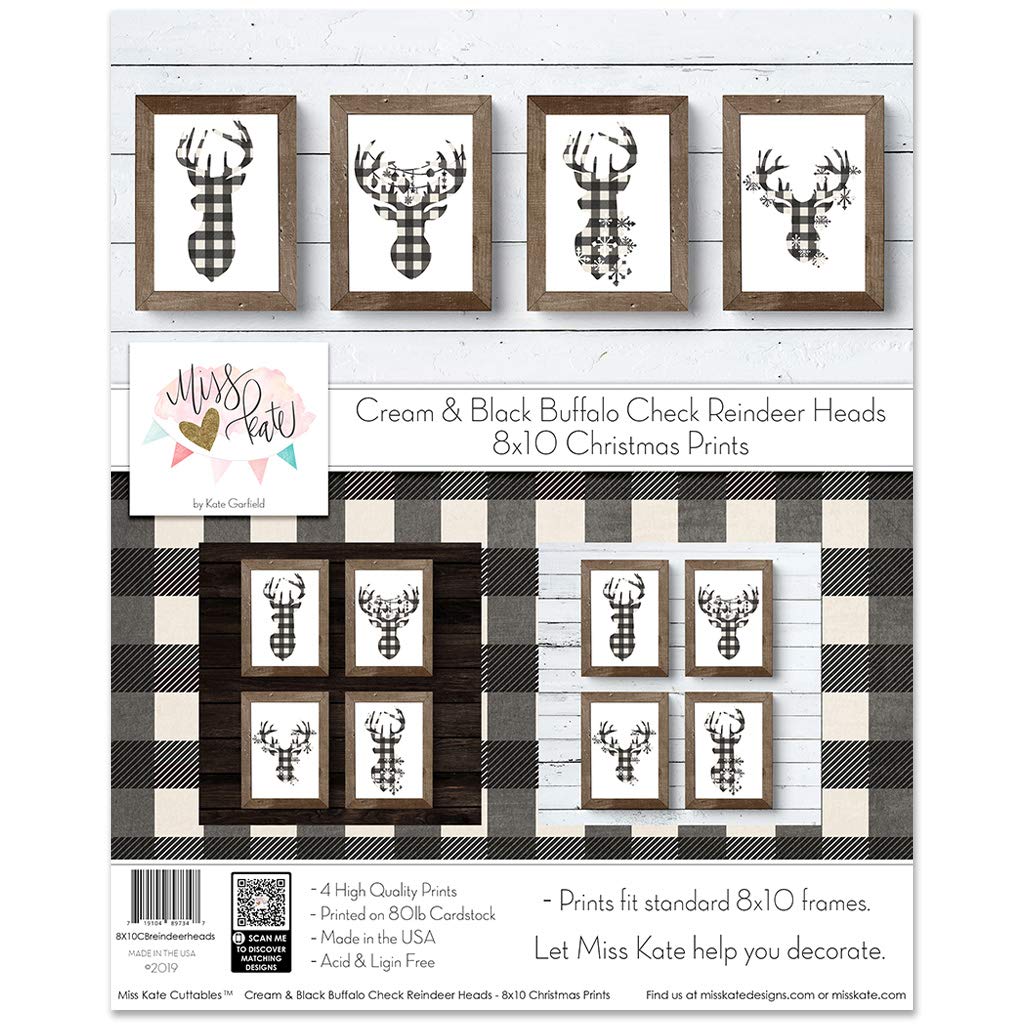 Miss Kate Cuttables 8x10 Prints - Cream & Black Buffalo Check Reindeer Head Silhouettes - Christmas Decoration Art for Frames | Set of 4 Wall Prints Posters (Unframed)