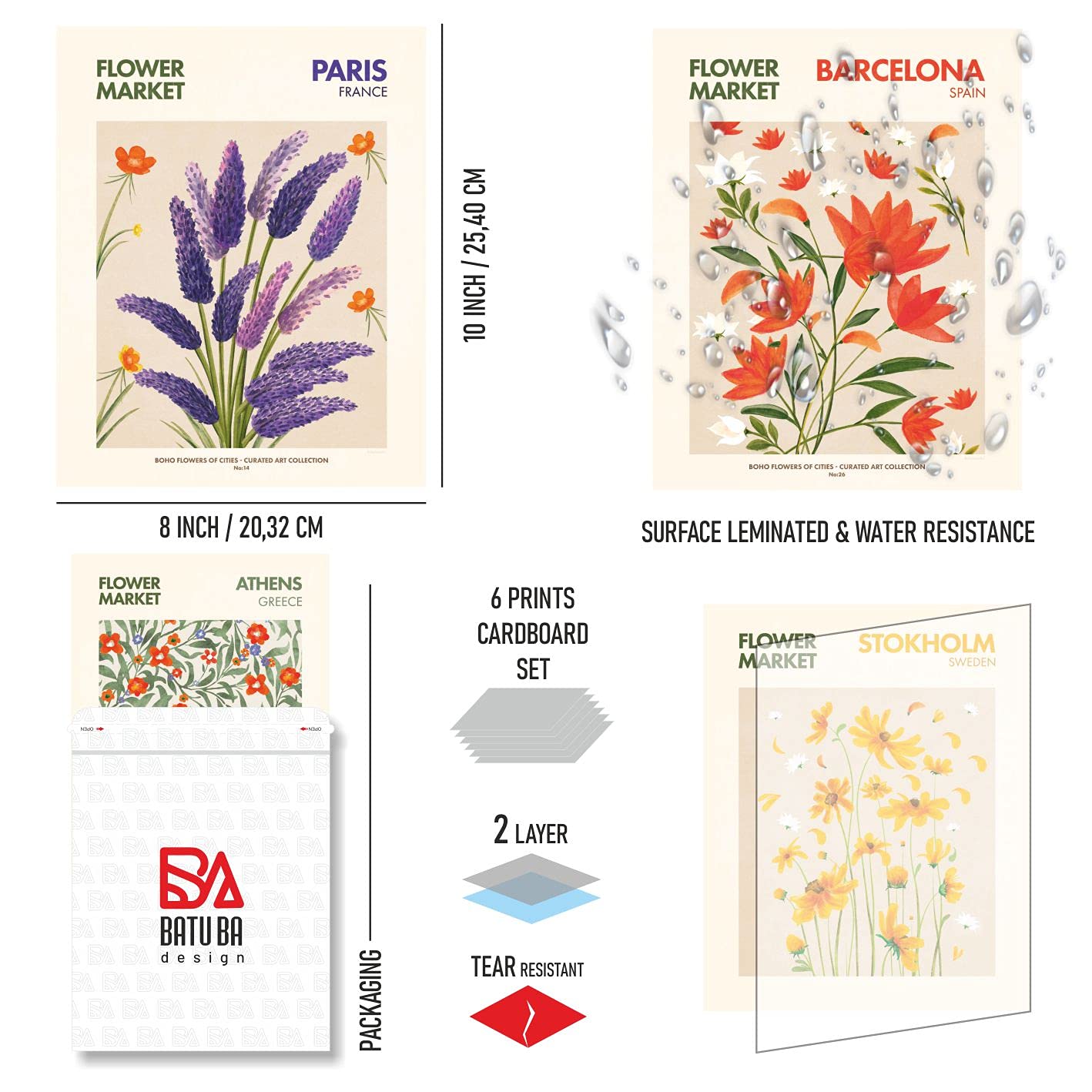 Batuba Design,Flower Market Wall Decor Poster Prints, Flower Market Room Decor, Set of 6 UNFRAMED ( 8''x10''), Flower Market poster,FLower Market Room Decorations, Flower Bothanic Poster