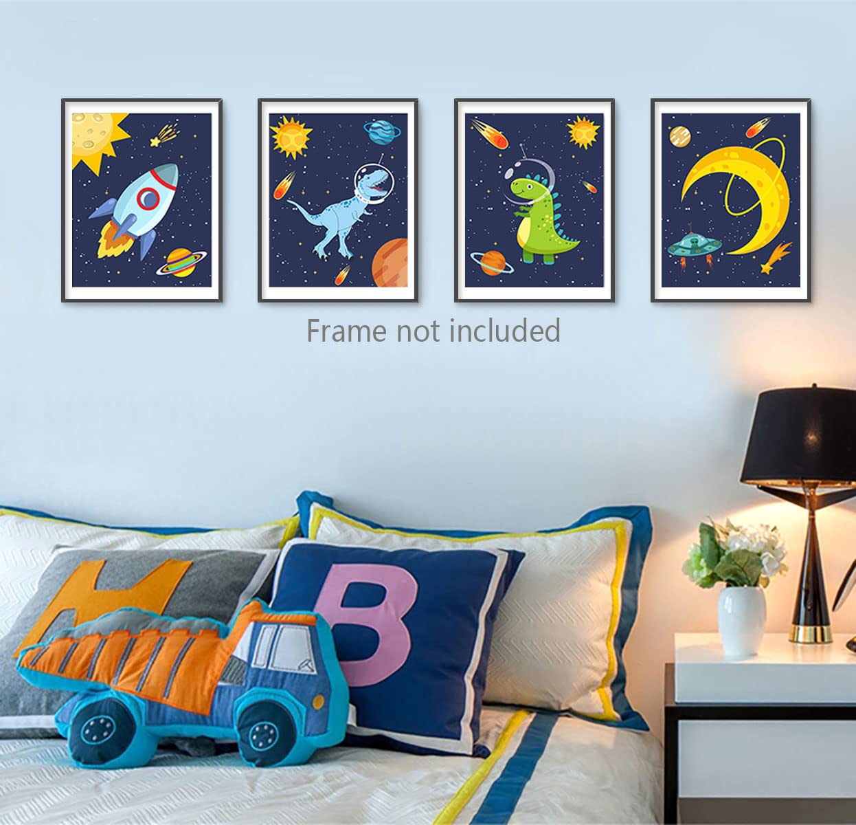 heshengzaixian Dinosaur Wall Art Posters, Space Wall Decor for Boys Bedroom,Gift for Kids, Astronaut Decorate,Solar System Painting for Nursery Classroom, Set Of 4 Unframed(8X10inch,)