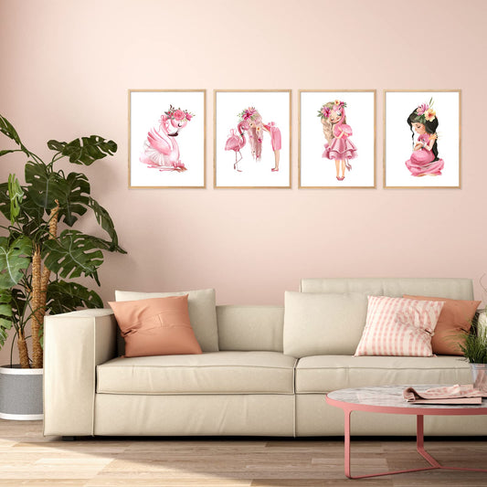 Flamingo Girl Wall Art Canvas Prints - Watercolor Pink Picture Princess Floral Animal Decor Poster for Baby Shower Bathroom Nursery Room Home Living Teen Bedroom Wall Decor Set of 4 Unframed 8x10inch