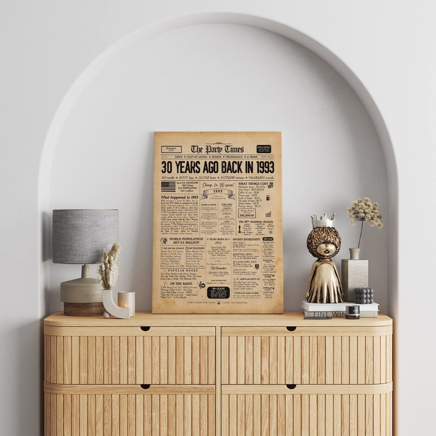 30th Birthday Newspaper Wall Art Canvas Poster Decorative with Frame (11.5×15 inch), Back in 1993 Print 1993 birthday poster Vintage 30th Birthday Decorations Poster for Home Wall Decor, SRZT30S