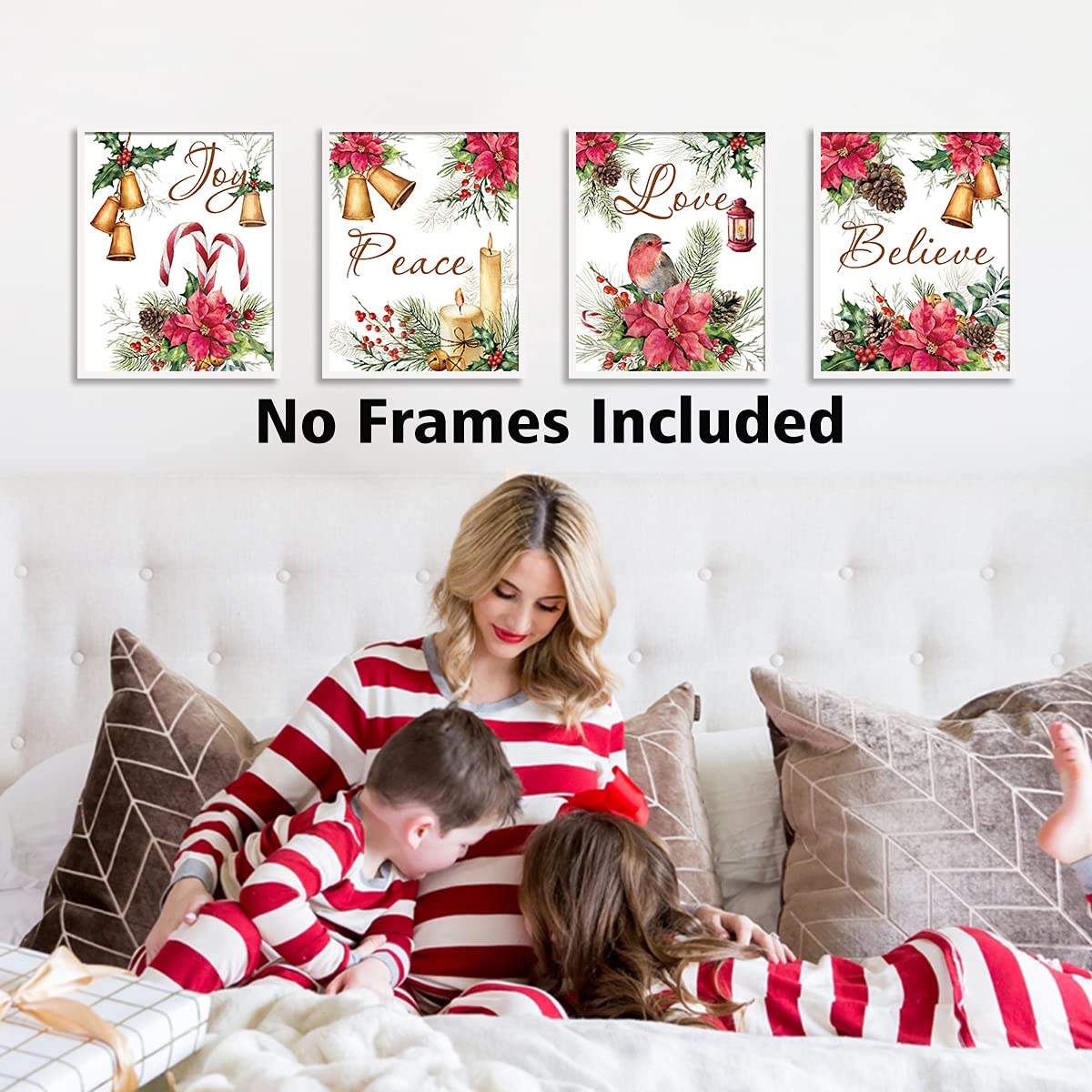 HLNIUC Jingle Bell Christmas Canvas art print,Vintage Xmas lettering Wall Art (4pcs, 8”X10”, Unframed),Red Poinsettia Flowers Poster For Bedroom Holiday Party Decor