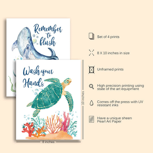 Funny Bathroom Quote Saying Art Print, Watercolor Marine Life Themed Poster, Colorful Bathroom Rules Typography, Blue Ocean Theme Baby Nursery Kids Bathroom Wall Decor (Set of 4 Unframed, 8X10)