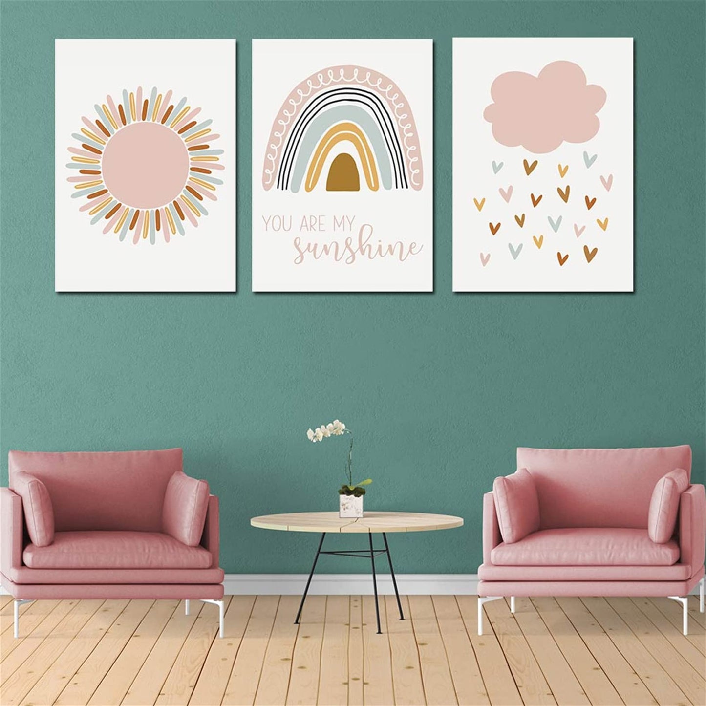 Nordic Morandi Color Rainbow Sun Cloud Nursery Art Print,Boho Wall Art,You are My Sunshine Quotes Canvas Poster for Kids Room Living Room Decor (8x12inchx3 Unframed)