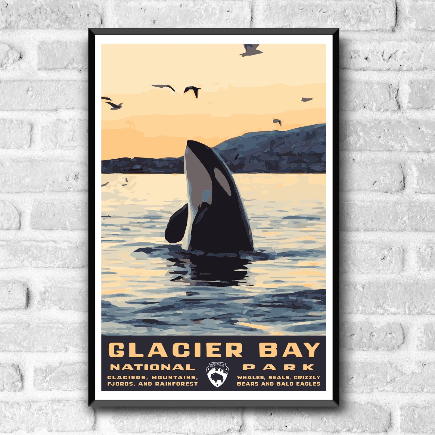 Glacier Bay National Park Vintage-Style Travel Poster - 8x10-12x18-18x24-24x36 / 4x6 Postcard WPA Style Art Print Alaska USA Orca Killer Whale (8x10 Inch Poster)