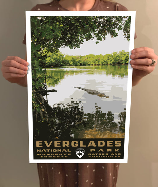 Everglades National Park Vintage-Style Travel Poster - 8x10-12x18-18x24-24x36 / 4x6 Postcard WPA Style Florida Art Print Mangrove Swamp Aligator Crocodile (4x6 Inch Postcard)
