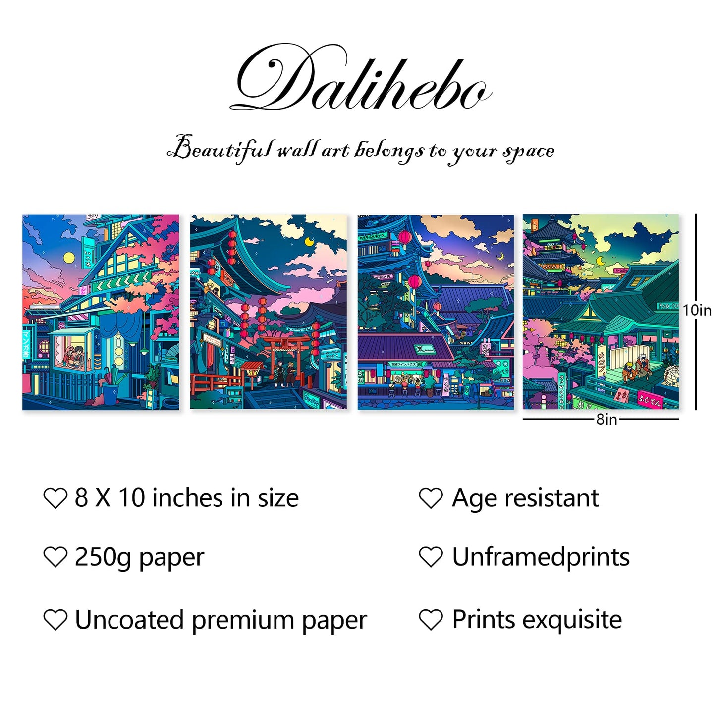 DALIHEBO Anime Poster Japanese Wall Art Decor Neon Night Scene Wall Art Gift Set of 4(8x10 in Unframed)