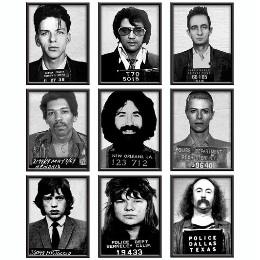 Musician Mugshot Poster - Bowie Elvis Johnny Cash Jerry Garcia Jimi Hendrix Mick Jagger Frank Sinatra David Crosby Janice Joplin - Vintage Rock Band Posters Wall Art - Set of 9 Unframed 8x10 Prints