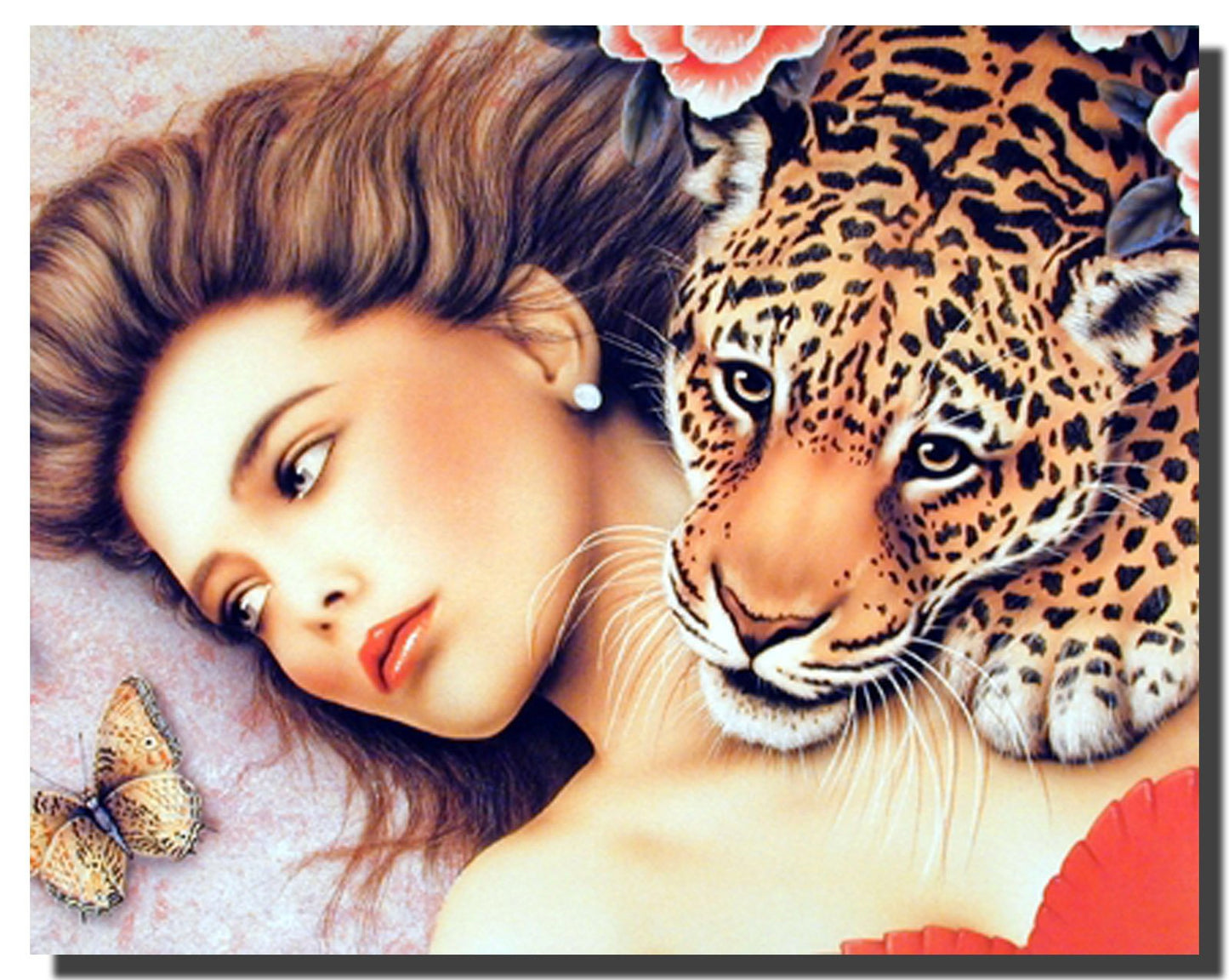Lady With Leopard Wall Exotic Fine Picture Art Fantasy Art Decor Print Poster (16x20)