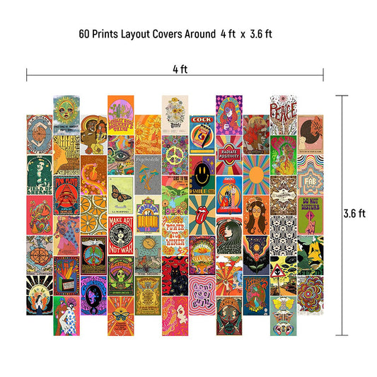 ZJNB 60 PCS Retro Vintage Hippie Trippy Wall Collage Kit Aesthetic Pictures, Trippy Hippie Room Decor, Photo Wall, Aesthetic Posters, Trippy Wall Art Print, Trendy Small Posters for Dorm, Collage Kit