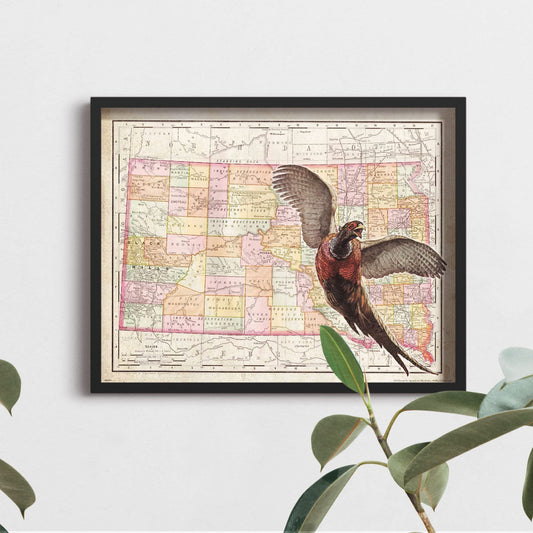 Inspirational Wall Art Co. - South Dakota - Vintage State Map Decoy Pheasant Hunter Unique Gift Call Field Hunting Men Motivational Posters - Print for Home Cabin Artwork Decor - 11X14 inches
