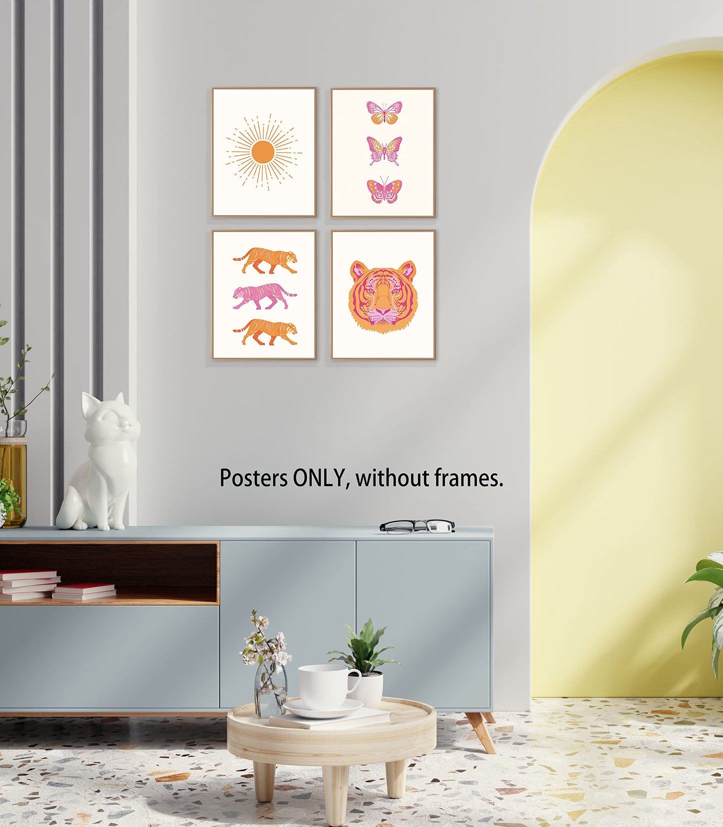 LiTiu Boho Sun Sunrise Sunshine Tiger Butterfly Preppy Trendy Wall Art Poster Prints Decor,8”x10”Set Of 4,Boho Artwork Girls Gifts for Women, Decor For Girls Dorm Room