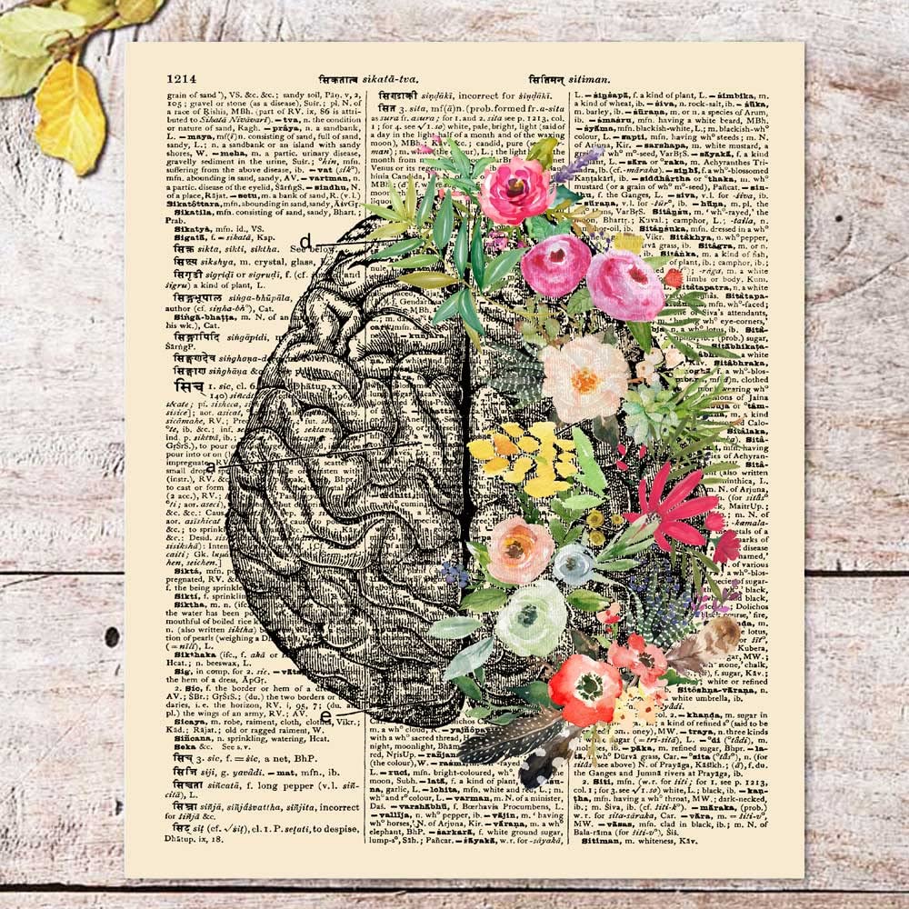 Cerebrum Floral Anatomy Print, Botanical Anatomy Print, Neurologist gift, Psychologist Gift Idea, Brain Anatomy Art, Medical Poster, Med School, Brain Art, Ready for Framing (8X10 INCH)
