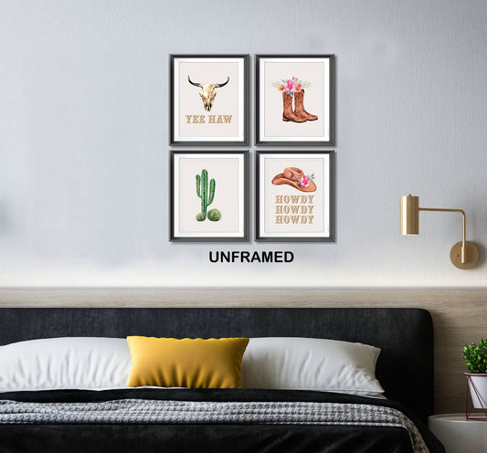 Yee Haw Howdy Cowgirl Floral Boots Hat Bull Skull Cactus Preppy Poster Prints for Girls Room Dorm Decor,Watercolor Retro Preppy Decorations Prints Wall Art Unframed 4pcs 8x10inches, Cowgirl Gifts