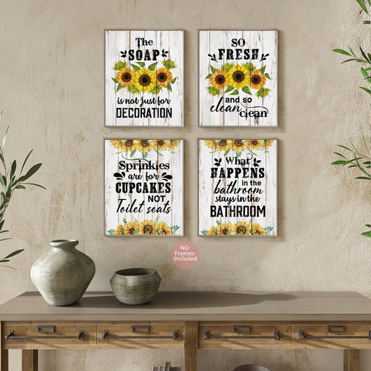 MTL HOE Funny Bathroom Wall Art, Sunflower Bathroom Quotes and Sayings Art Prints, Funny Bathroom Wall Decor Poster, Funny Signs for Bathroom,Funny Bathroom Decor, Set of 4 UNFRAMED 8 X 10 in