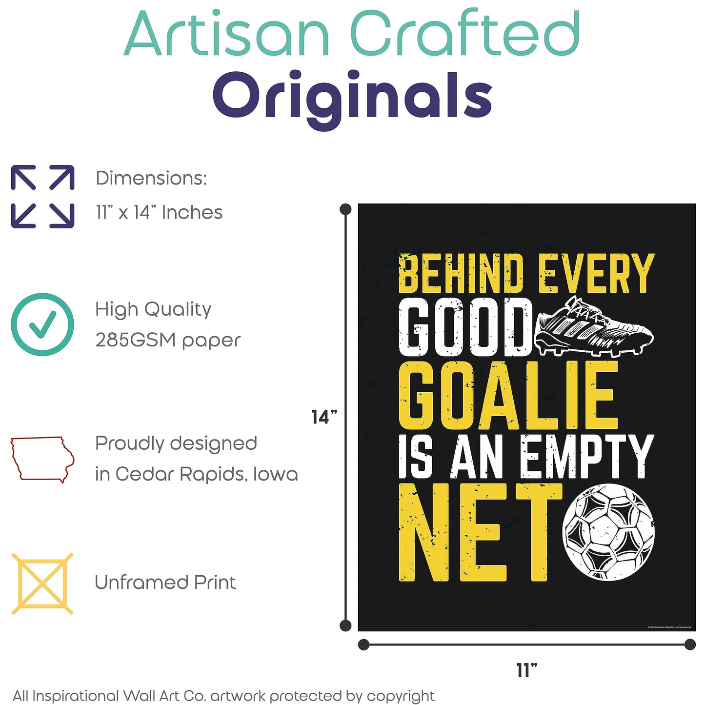 Inspirational Wall Art Co. - Goalie - Soccer Player Boys Girls Ball Retro USA Motivational Quotes Posters - Print Home Gift Bedroom Decor - 11X14 inches