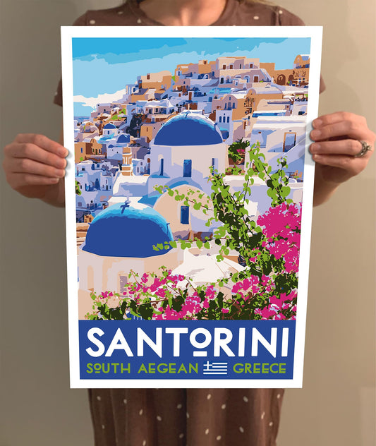 GO SEE DESIGN Santorini Vintage-Style Travel Poster - 8x10-12x18-18x24-24x36 / 4x6 Postcard WPA Style Art Print Greek Islands South Aegean Greece (8x10 Inch Poster)