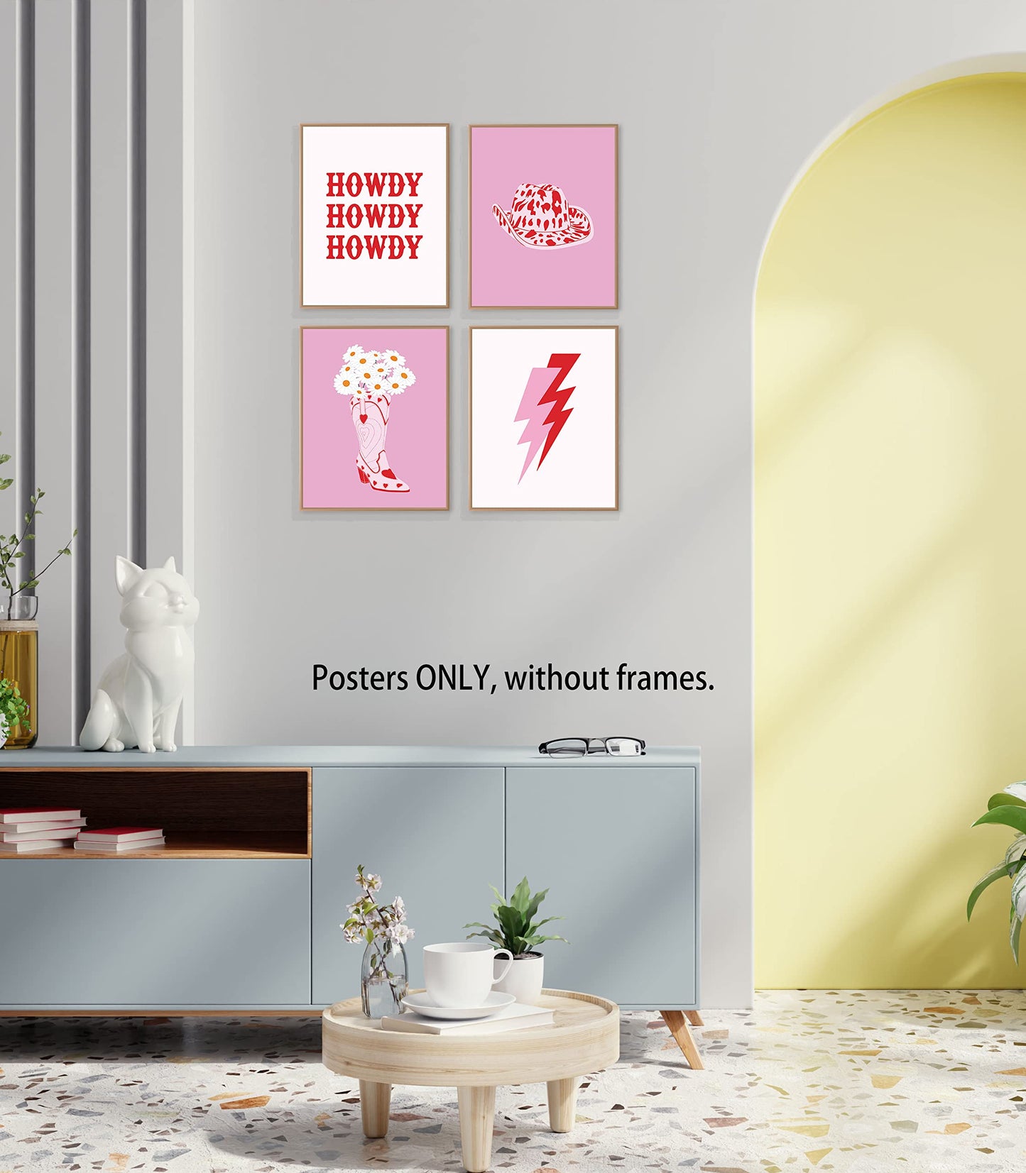 LiTiu Cowgirl Hat Daisy Flower Boot Howdy Lightning Preppy Hot Pink Wall Art Poster Prints Decor, 8”x10”Set Of 4, Preppy Artwork Teen Girls Gifts for women, Decoration For Girls Room