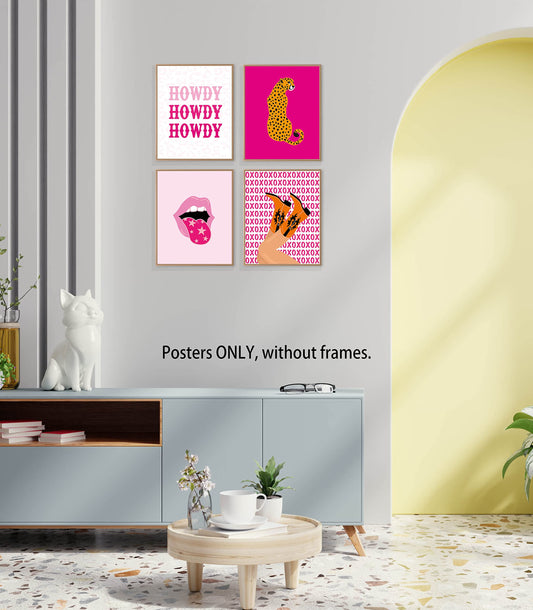 LiTiu Howdy XOXO Kisses Cowgirl Boots Lips Leopard Cheetah Preppy Hippie Hot Pink Wall Art Poster Prints Decor, 8”x10”Set Of 4, Preppy Artwork Teen Girls Gifts for Women, Decorations For Girls Room