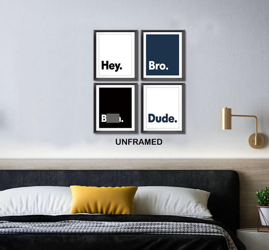 Hey Bro Dude Minimalist Typography Poster Prints for Home Teens Boys Bedroom College Dorm Decor,Navy Blue Boys Room Decorations Prints Wall Art Unframed 4pcs 8x10inches,Gift for Gamer Boys Teens Men