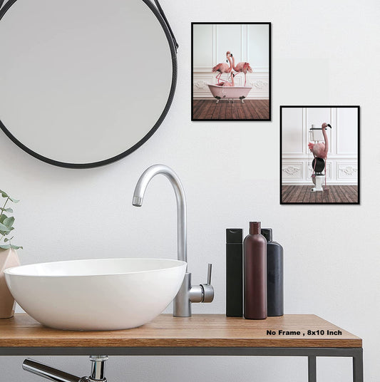Funny Bathroom Flamingo Wall Art – Unframed Set of 2 (8 x 10 Inch) – Flamingos Pink Room Decor, Bathroom Wall Decor, Kids Bathroom Decor, Animal Flamingos Pictures Posters for Funny Bathroom and