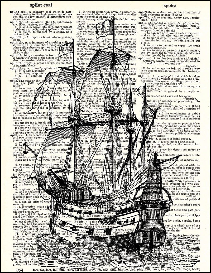 Dictionary Art Print - Pirate Ship - Printed on Recycled Vintage Dictionary Paper - 8.5"x11" - Mixed Media Poster on Vintage Dictionary Page
