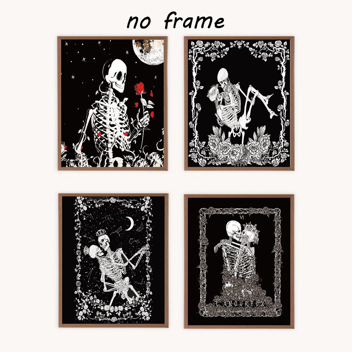 VNWEK Gothic Wall Art Poster Prints,Macabre Art Sugar Skull The Kissing Lovers Decorations for Goth Home Bedroom Girls Room,Couples Skull Lovers Gifts,Unframed 8”x10”Set Of 4