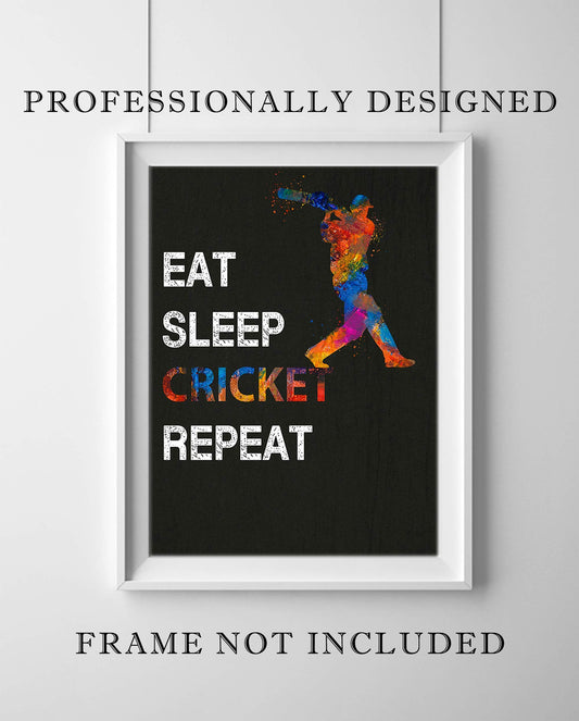 Eat Sleep Cricket Repeat Quote Wall Art, 11x14 inch Unframed Poster Print, Ideal for Cricket Players, Cricket Coach, Umpire and Fans