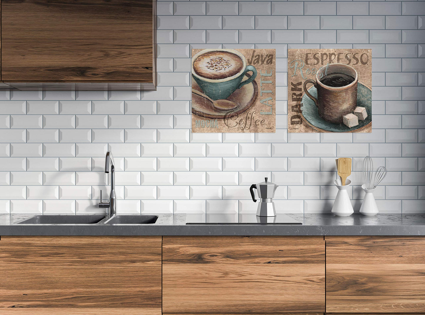 Popular Classic Coffee Espresso Java Dark Roast Signs; Kitchen Decor; Two 12x12in Poster Prints. Teal/Brown