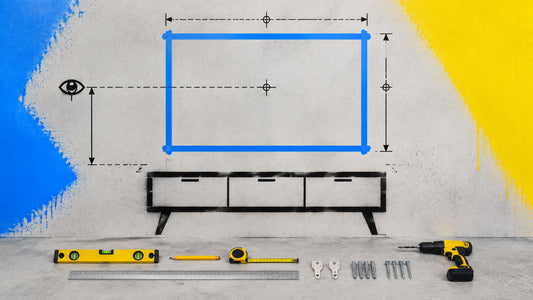 Technical wall-hanging diagram with marking tape, spirit level, measuring tape, hooks and hardware laid out for hanging artwo