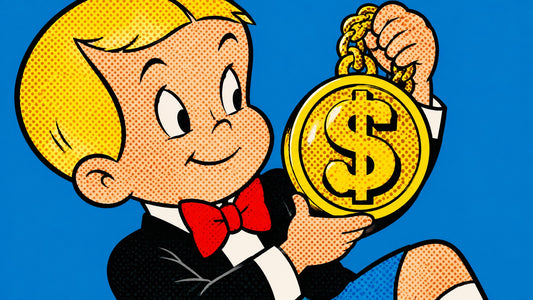 Richie Rich chest-up portrait holding an oversized dollar-sign medallion in comic-panel style, money iconography art history,