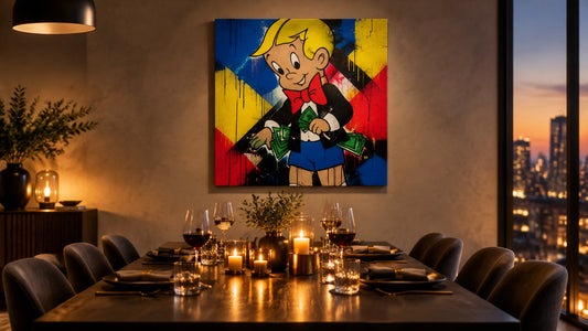 Photorealistic evening dining scene with a bold pop-art canvas above a table set with candles and glasses
