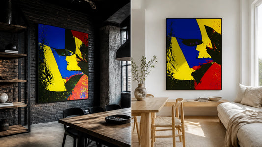 Split-screen interior showing a bold pop art canvas anchoring a dark industrial loft and a bright Scandinavian-style room