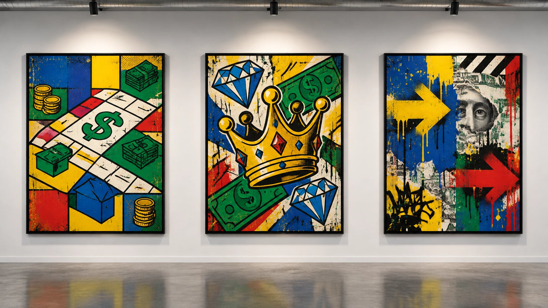 Character-free gallery wall with three cohesive bold artworks inspired by Monopoly graphics, wealth symbolism and urban stree