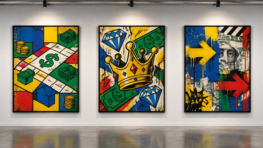 Character-free gallery wall with three cohesive bold artworks inspired by Monopoly graphics, wealth symbolism and urban stree
