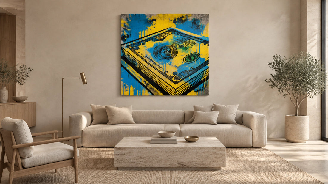 Photorealistic calm interior balancing a bold abstract money-themed canvas with raw linen, pale timber, honed stone and refin