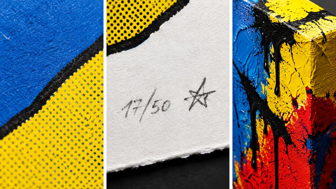 Three-panel macro comparison of a printed surface, a numbered limited-edition margin marked 17/50, and hand-painted canvas te
