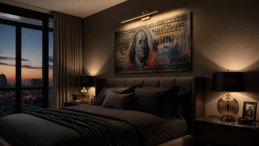 Photoreal serene luxury bedroom at dusk with warm bedside lamps, charcoal bedding and money wall art above the headboard