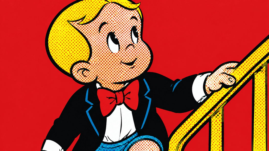 Richie Rich art chest-up portrait in FFUR Luxury Street Art style with upward gaze and stair-climbing energy, bold stairwell 
