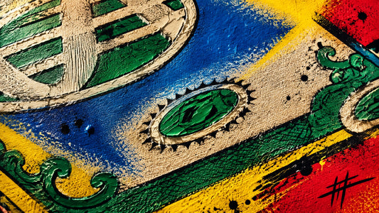 Extreme macro view of layered street-art paint edges, canvas texture and an abstract signature corner revealed in dramatic ra