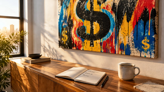 Calm morning corner with bold money-themed canvas, open journal, black pen and warm sunlight creating a focused daily ritual