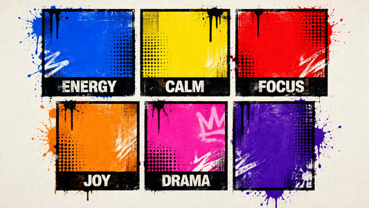 Character-free colour psychology chart made from painted pop-art swatches labelled Energy, Calm, Focus, Joy and Drama