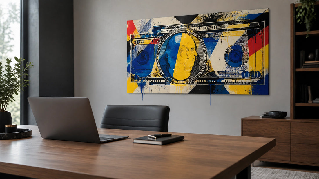 Photorealistic modern workspace with a bold abstract money-themed canvas behind a clean desk